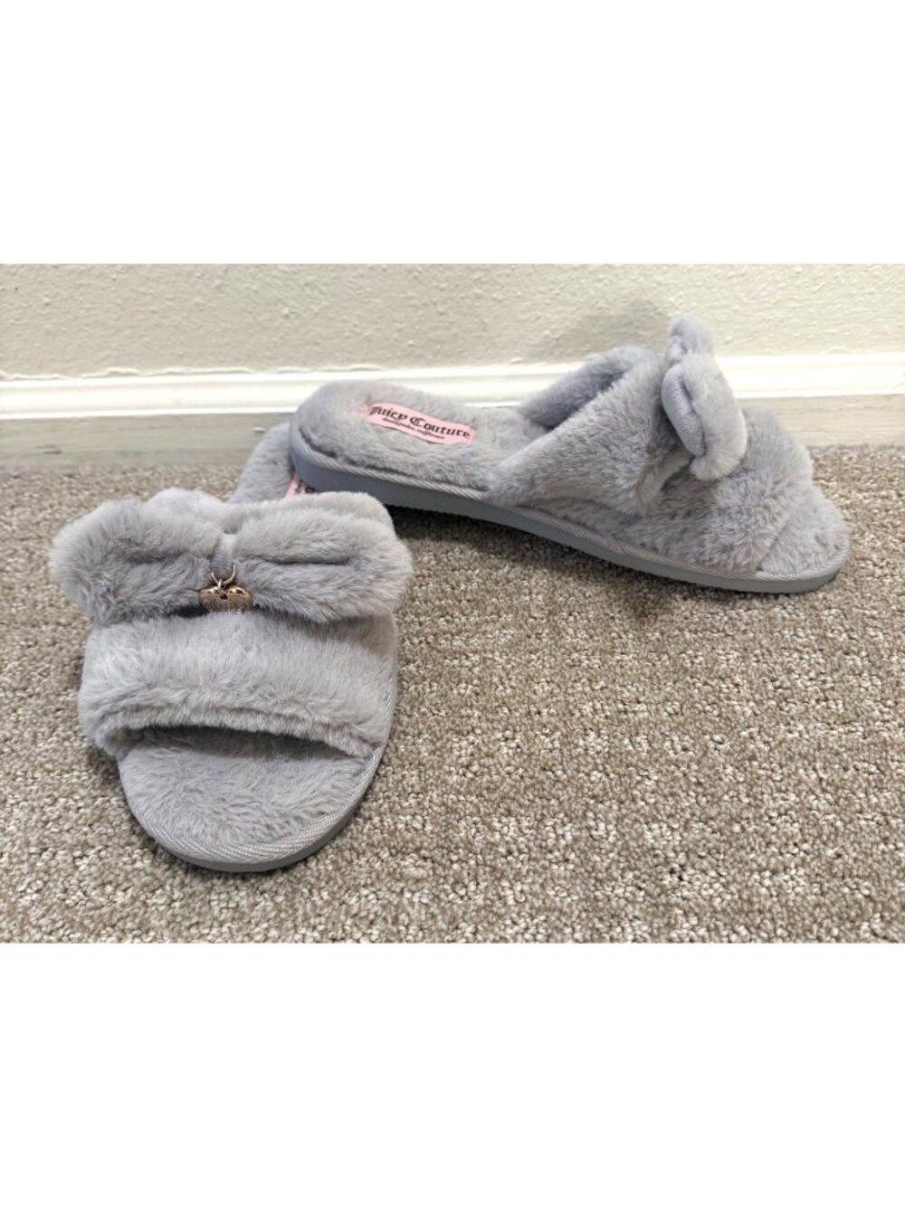 Juicy Couture Gray Plush Faux Fur Slide Slippers House Shoes Size XL (9.5/10.5)